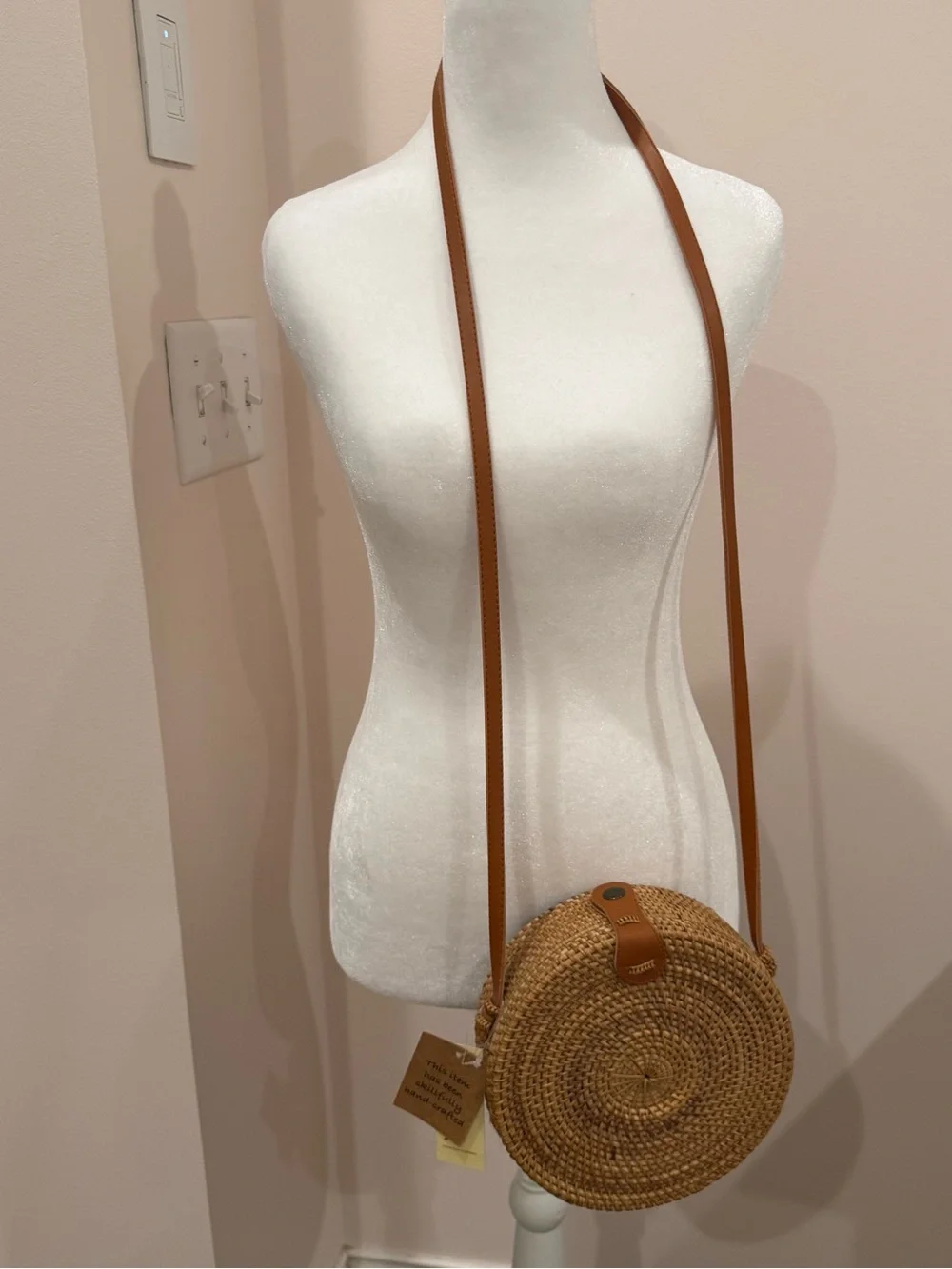 NWT Collection Eighteen Round Rattan Crossbody Bag Boho Wicker Canteen Purse